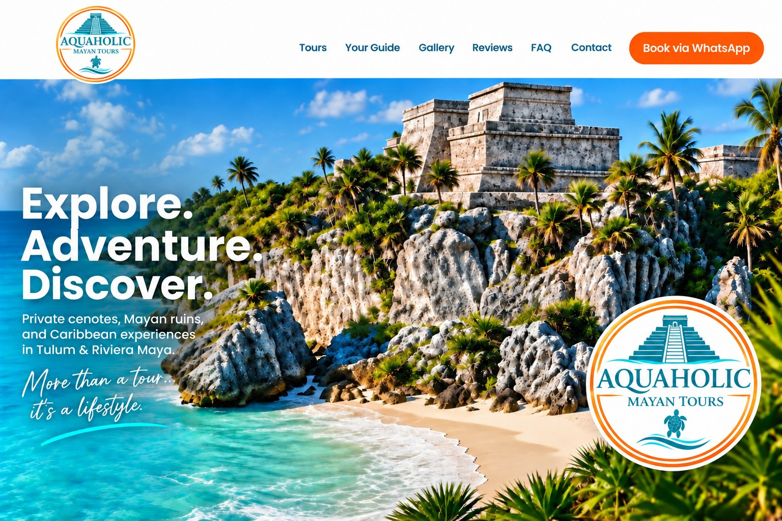 Turquoise Caribbean beach and Mayan ruins with Aquaholic Mayan Tours logo in the lower right
